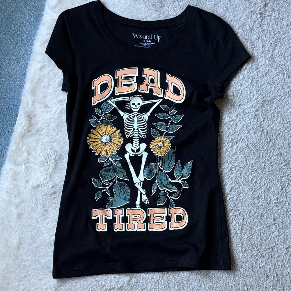 Black 'Dead Tired' Skeleton Graphic Tee with Yellow Flowers NWOT